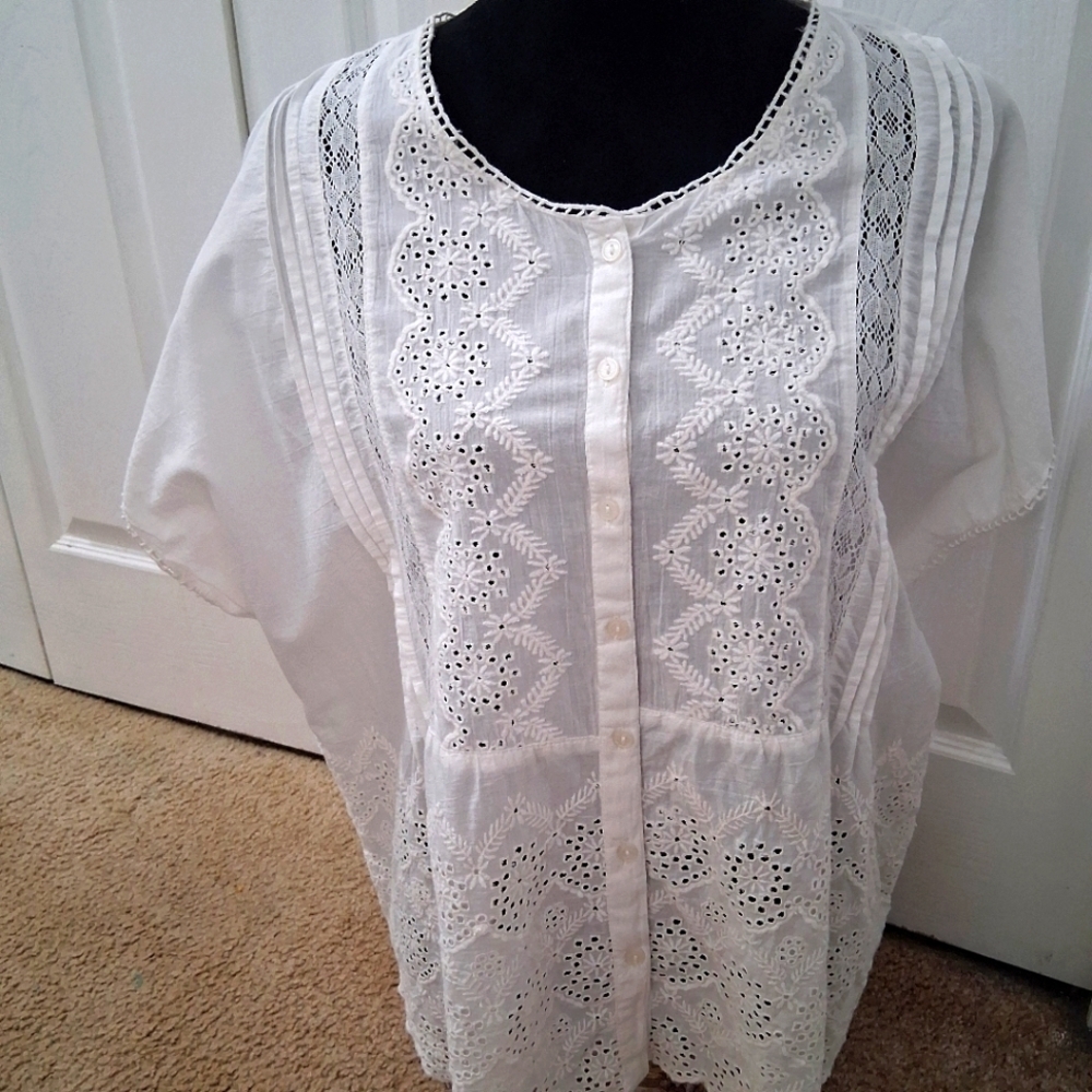 Joie White Cap Sleeve Blouse With Eyelet & Lace Detail